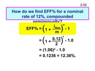 2-52
How do we find EFF% for a nominal
rate of 12%, compounded
semiannually?
EFF% = - 1(1 + )iNom
m
m
= - 1.0(1 + )0.12
2
2
= (1.06)2
- 1.0
= 0.1236 = 12.36%.
 