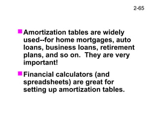 2-65
Amortization tables are widely
used--for home mortgages, auto
loans, business loans, retirement
plans, and so on. They are very
important!
Financial calculators (and
spreadsheets) are great for
setting up amortization tables.
 