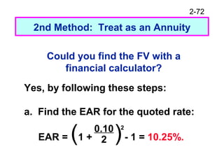 2-72
Could you find the FV with a
financial calculator?
Yes, by following these steps:
a. Find the EAR for the quoted rate:
2nd Method: Treat as an Annuity
EAR = (1 + )- 1 = 10.25%.
0.10
2
2
 