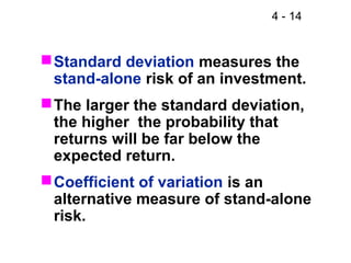 4 - 14
Standard deviation measures the
stand-alone risk of an investment.
The larger the standard deviation,
the higher the probability that
returns will be far below the
expected return.
Coefficient of variation is an
alternative measure of stand-alone
risk.
 