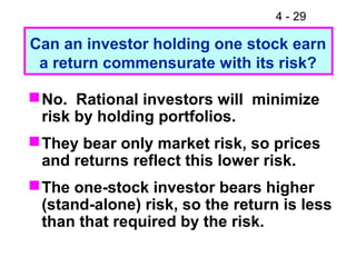 4 - 29
No. Rational investors will minimize
risk by holding portfolios.
They bear only market risk, so prices
and returns reflect this lower risk.
The one-stock investor bears higher
(stand-alone) risk, so the return is less
than that required by the risk.
Can an investor holding one stock earn
a return commensurate with its risk?
 
