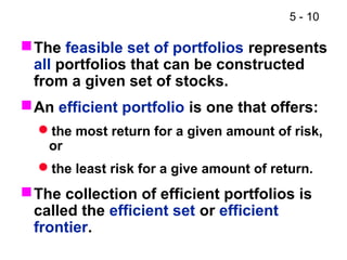 5 - 10

 The feasible set of portfolios represents
  all portfolios that can be constructed
  from a given set of stocks.
 An efficient portfolio is one that offers:
  the most return for a given amount of risk,
   or
  the least risk for a give amount of return.
 The collection of efficient portfolios is
  called the efficient set or efficient
  frontier.
 