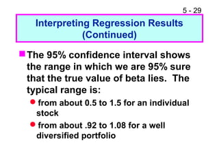 5 - 29
Interpreting Regression Results
(Continued)
The 95% confidence interval shows
the range in which we are 95% sure
that the true value of beta lies. The
typical range is:
from about 0.5 to 1.5 for an individual
stock
from about .92 to 1.08 for a well
diversified portfolio
 