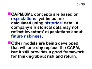 5 - 36
CAPM/SML concepts are based on
expectations, yet betas are
calculated using historical data. A
company’s historical data may not
reflect investors’ expectations about
future riskiness.
Other models are being developed
that will one day replace the CAPM,
but it still provides a good framework
for thinking about risk and return.
 