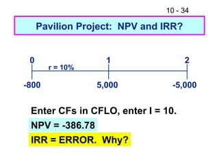 10 - 34
Pavilion Project: NPV and IRR?
5,000 -5,000
0 1 2
r = 10%
-800
Enter CFs in CFLO, enter I = 10.
NPV = -386.78
IRR = ERROR. Why?
 
