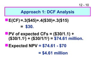 12 - 10
Approach 1: DCF Analysis
E(CF)=.3($45)+.4($30)+.3($15)
= $30.
PV of expected CFs = ($30/1.1) +
($30/1.12
) + ($30/1/13
) = $74.61 million.
Expected NPV = $74.61 - $70
= $4.61 million
 