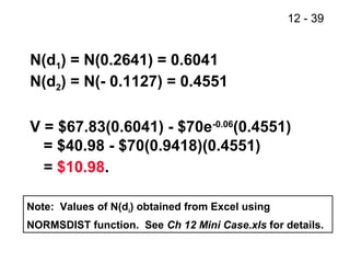 12 - 39
N(d1) = N(0.2641) = 0.6041
N(d2) = N(- 0.1127) = 0.4551
V = $67.83(0.6041) - $70e-0.06
(0.4551)
= $40.98 - $70(0.9418)(0.4551)
= $10.98.
Note: Values of N(di) obtained from Excel using
NORMSDIST function. See Ch 12 Mini Case.xls for details.
 