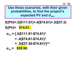 12 - 55
E(PV)=.3($111.91)+.4($74.61)+.3($37.3)
E(PV)= $74.61.
Use these scenarios, with their given
probabilities, to find the project’s
expected PV and σPV.
σPV = [.3($111.91-$74.61)2
+ .4($74.61-$74.61)2
+ .3($37.30-$74.61)2
]1/2
σPV = $28.90.
 