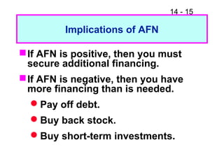 14 - 15
Implications of AFN
If AFN is positive, then you must
secure additional financing.
If AFN is negative, then you have
more financing than is needed.
Pay off debt.
Buy back stock.
Buy short-term investments.
 