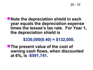 20 - 10
Note the depreciation shield in each
year equals the depreciation expense
times the lessee’s tax rate. For Year 1,
the depreciation shield is
$330,000(0.40) = $132,000.
The present value of the cost of
owning cash flows, when discounted
at 6%, is -$591,741.
 