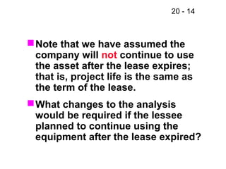 20 - 14
Note that we have assumed the
company will not continue to use
the asset after the lease expires;
that is, project life is the same as
the term of the lease.
What changes to the analysis
would be required if the lessee
planned to continue using the
equipment after the lease expired?
 