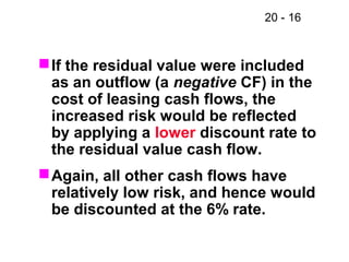 20 - 16
If the residual value were included
as an outflow (a negative CF) in the
cost of leasing cash flows, the
increased risk would be reflected
by applying a lower discount rate to
the residual value cash flow.
Again, all other cash flows have
relatively low risk, and hence would
be discounted at the 6% rate.
 