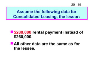20 - 19
$280,000 rental payment instead of
$260,000.
All other data are the same as for
the lessee.
Assume the following data for
Consolidated Leasing, the lessor:
 