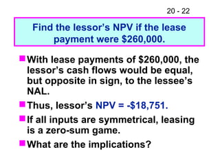 20 - 22
With lease payments of $260,000, the
lessor’s cash flows would be equal,
but opposite in sign, to the lessee’s
NAL.
Thus, lessor’s NPV = -$18,751.
If all inputs are symmetrical, leasing
is a zero-sum game.
What are the implications?
Find the lessor’s NPV if the lease
payment were $260,000.
 