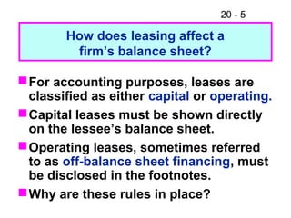 20 - 5
For accounting purposes, leases are
classified as either capital or operating.
Capital leases must be shown directly
on the lessee’s balance sheet.
Operating leases, sometimes referred
to as off-balance sheet financing, must
be disclosed in the footnotes.
Why are these rules in place?
How does leasing affect a
firm’s balance sheet?
 