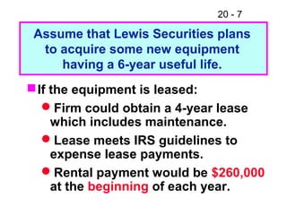 20 - 7
If the equipment is leased:
Firm could obtain a 4-year lease
which includes maintenance.
Lease meets IRS guidelines to
expense lease payments.
Rental payment would be $260,000
at the beginning of each year.
Assume that Lewis Securities plans
to acquire some new equipment
having a 6-year useful life.
 