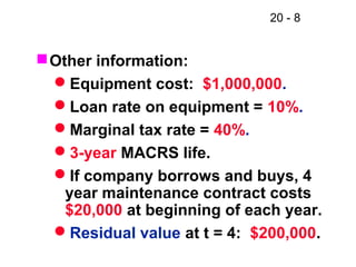 20 - 8
Other information:
Equipment cost: $1,000,000.
Loan rate on equipment = 10%.
Marginal tax rate = 40%.
3-year MACRS life.
If company borrows and buys, 4
year maintenance contract costs
$20,000 at beginning of each year.
Residual value at t = 4: $200,000.
 