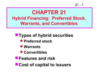 21 - 1
Types of hybrid securities
Preferred stock
Warrants
Convertibles
Features and risk
Cost of capital to issuers
CHAPTER 21
Hybrid Financing: Preferred Stock,
Warrants, and Convertibles
 