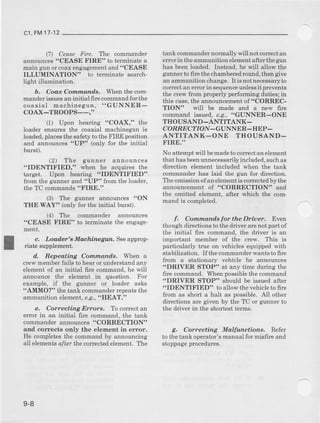 c1,FM17.12
(7J Cease Fire. ltre commander
announces"CEASE FIRE" to terminate a
main gun or coaxengagementand "CEASE
ILLUMINATION" to terminate searc}t-
light illumination.
b. Coax Commands- When the com-
mander issuesan inihal 6re codmand for the
coaxial machinegun, "GUNNER-
coAx-TRooPS--,"
(1) Upon hearine "COAX," the
loaderensuresl.hecoaxjalmachinegrnis
loaded,placeethesafetyto theFIREposition
and announces"UP" (only for the initial
burst),
(2) The gunner announces
"IDENTIFIED," when he acquircs the
target. Upon heari]1g "IDENTIFIED"
from the gunnerard "UP" fiom the loader,
the TC commands"FIRE."
(3) The grmrrer annourlces riON
THE WAY" lonly for tbeidtial bursr,.
(4) The commander announces
'CEASE FIRE" to terminate the engage'
ment.
c. Loader's Maahinegun. Seeapptop-
riate supplement.
d. Repeating Cornnadds. Nhe a
crewmemberfails to hearorunderstandany
elementof an initial fire command,he $'ill
announce the element in question. For
example, if the grrnner or loader asks
"AMMO?" the tank commanderrepeatsthe
ammunition element,ag., "IIEAT,"
e, Correeting Errors. To correct an
elror in an initial fire command, the tank
commanderannounces'CORRECTION"
and corrects only the element in error.
He complel€slhe commandby announcing
all elementsafrer the correctedelement- The
tank commandernormally will not corect an
error in the ammunition elementafter the gun
has beenloaded. Inst€ad,he will allow the
gunnerto firc thechamberedround,thengive
an ammunitionchange.It is notnecessaryto
correct an error in sequenceunlessit prevents
the crew fTomproperly performing duties; in
this case,the announcrmentof "CORREC-
TION" will be made and a new fire
command issued,e.g., "GUNNER-ONE
THOUSAND-ANTITANK-
CORREC'T I ON _ GUNNER-HEP-
ANTITANK-ONE THOUSAND-
FIRE."
No attemptwill bemad€tocoirectanelement
that hasbeenunnecessarilyincluded,suchas
direction eleme t included when the tank
commanderhas laid the gurr for ditection.
Theomissionofanelementiscorrectedby the
announcementof "CORRECTION" and
the omitted element.after which the com.
mand is complet€d.
f. Cornmdtrd.sfor the DriDer. Even
though directions to the diver are not part of
the initial fire command,the driver is an
important member of the crcw. This is
particularly true on vehiclesequippedwith
stabilization. Ifthe commanderwantstofirc
fiom a stationaiy vehicle he announces
"DRMR STOP" at any time during the
{ire command. Whenpossiblethe command
"DRMR STOP" should be issuedafte!
"IDENTIFIED" to allowthevehicleto fire
ftom as short a halt as possible. All other
directionsare given by the TC or gunnerto
the driver in the shortestterms.
g. Correcting Malfunctionx. Rnfer
to thetank opeEtor'smalual for misfire and
stoppageprocedures,
9-8
 
