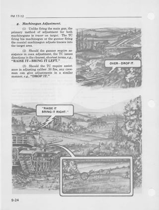FM17-12
g, Machinegun Adiuat nent.
(1) Unlike firing the main g]ln, the
pdmary method of adjustment for both
machinegrms is tracet on taqet. '11eTC
firing his machinegtn or the glnaer firing
the coaxial machinegul adjusts tmcels into
the target area.
(2) Should the guner requiie as-
sisJanceiD coax adiustment, the TC issues
directionsin theclearesl,shorl.esitetms,P.g.,
"RAISE IT-BRING IT LEFT."
(3) Should the TC requfue assist-
ance in adjusting caliber .50fire, any crew-
man czm give adjustments in a similar
manner,e.9.,'DROP IT,"
OVER_DROPIT.
,,RAISEIT
BRINGIT RIGHT."
9-24
 