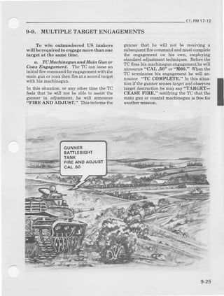 c1,FM17-12
9-9. MULTIPLE TARGET ENGAGEMENTS
To win outnumbered US tankers
will be re quired to engage mor€ than one
tsrget at the 6ame time.
a. TC Machinegun and Main Gun or
Codx Engagement. The TC can issue an
initial 6re commandfo! engagementwith the
main gun or coax then fire at a secondtarget
with his machinegun.
In this situation, or any other time the TC
feels that he will not be able to assist the
glnner in adjustment, he will announce
"FIRE AND ADJUST." This informs the
gunner that he will not be receiving a
subsequentfire command and must complete
the engagement on his own, employing
standardadjustmentt chniques.Beforethe
TC fires his machinegun engagementhewill
announce"CAL .50" or "M6O." Whenthe
TC t€rminates his engagement he will an-
nounce "TC COMPLETE." Ilt this situa-
tion if the guner sense8torge,andobserves
target destruction he may say "TARGET-
CEASE FIRE," notifying t}te TC that the
main grn or coaxial machinegun is free for
anothermission.
GUNNER
BATTLESIGHT
TANK
FIREAND ADJUST
cAL.50
9-25
 