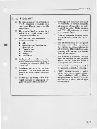 cl, FM17.12
I
9-11. SUMMARY
E To win outdumbered, UStankers
will be required to engage more
than one Threat target at the
aame time.
tr The goal of tank gunnery is to
achieve a rapid first-round,
target-destructive hit.
tr The initiat lire commaDd in-
clud€s elements of:
a Alert
a Ammunition, Weapon, or
Searchtght
a Description
a Direction
a Range
a Execution
E Each member of the crew haa
specific crewduties to performin
response to elemente of the lir'e
coEmand.
E Precision gunnery is the most
accurate tl"Ire of direct fire and
should be used when time per-
mits.
tr Bsttlesight gundery is the mo8t
rapid method of engaging tar-
gets within battlesight range.
Sensings and observations must
be accurate to permit accurate
adjustment of tank frre for sub-
sequent rounds. Both gunner
and TC will attedrpt to sense
every round fired.
Burst on target is the moat accu-
rate method ofdirect-fire adjust-
ment.
The TC must iseue a subsequent
fire command when he thinks
the gunner needs assistance in
adiusthent. This includes range
change, mil change, and target
form adjustments.
The gunner's standard adjust-
ment is applied by the gunner
when the TC does not issue a
subsequent fire coEmand.
Re-lay technique may be used if
the gunner doubts his sensing,
Night engagements require
higl y coordinateal crew effort.
Passive sights or inilirect illumi-
nation should be used at night in
preference to direct searchlight
illumination.
tr
!
tr
tr
D
tr
9-29
 
