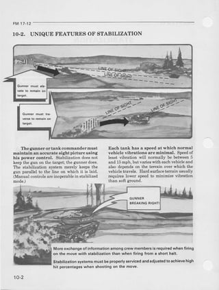 1O-2. UNIQUE FEATURES OF STABILIZATION
FM 1'1-12
I'he gunner or tank commander must
maintain an accurate sight picture ueing
his power control. Stabilizationdoesnot
keepthe gun on the target; the glrnnet does.
The stabilization systemmerely keepsthe
gun parallel to the line on which it is laid.
(Manual controls areinoperable in stabilized
mode.)
Each tank has a speed at which normal
vehicle vibrations are minimal. Speedof
least vibration will normally be between 5
and 15mph, but varies with eachvebicle and
also depends on the terlain over which the
vehicle havels. Hard sudaceterIain usually
requires lower speed to minimize vibration
than soft smund.
More exchangeof information among crew members is requiredwhen iiring
on the move with stabilization than when {iring {rom a short halt.
Stabilization systems must be properly servicedand adjustedtoachievehigh
hit percentageswhen shooting on the move.
GUNNER
SREAKINGRIGHTI
10-2
 