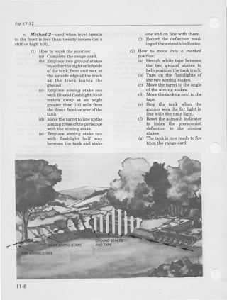 FM17-12
c, Methad 2-nsed when lev€l tenarn
to the front is less than twenty met€Is (on a
cliff or hish hill).
one and on line with them.
(f) Record the deflection tead-
ing of the azimuth indicator.
(2) How to moue into a narhed
pos;t;on:
(a) Stretch white tape between
the two ground stal<es to
help position the t€nk track.
(b) Ttrrn on the flashlights of
the two aiming stakes.
(c) Move the turret to the angle
of the aiming stakes.
(d) Move the tank up next to the
tape.
Stop th€ tank when the
gunner seesthe far light in
line with the near light.
neset the azimuth indicator
to index the prerecorded
deflection to the aiming
stakes.
I'he tank is now ready to fire
from the range card.
(1) How ln ma* theposition:
(a) Completethe range caid.
(b) Emplace two aTorrndstakes
on either the right or left side
of the tank, fTontandrear, at
the outside edgeofthe track
as the track leaves the
grcund.
(c, Empl^ce aiming sLakeone
with frltered flashlight 3060
metels away at an angle
greaterthan 100mils ftom
the direct front or rear of the
tank.
Movethe turret to line up the
aiming crossofthe periscope
with the aiming stake.
Emplace aiming stake t@o
with flashlight half way
betweenthe tank and stake
(f)
(9,
(d)
r1-8
 