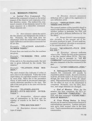 FM 17-12
11-9. MISSIONFIRING
a. Initial Fire Command. Tbe
inatirect-firecommandis basedon theinitial
requestof the observerand origuates at the
frre direction center. The inalircct-fire com-
mand consistsof six el€mentsissuedin the
same sequenceas a direct-frrecommand,
Theseelementsare:
(1) Alert elemett-alerts theunit to
t|e fire mission and designatesthe tanks to
firc. Normally, the base tank frres the
adjustmentwhile theremainderofthe tanks
applydeflectionandelevationcommandsbut
do not file.
Exanp le: "PLATOON ADJUST-
NUMBER THREE.''
If morethan onetank is to fire, thenumbers
are given.
Exatuple: "NUNIBERS TWO AND
THREE."
If the unit is to fire simultaneously, the unit
size is given followed by the wolds "firc
mission."
EtampLe: "PLATOON-FIRE MIS-
SION."
The alert elementalso indicatesif volleyor
salvo firc is to beemployed. Volley frre is the
rapid firing of a specified number of rounds
by each tank. Salvo fire is the successive
firing of eachtank in two-secondintervals,
udess otherwise specified in the alert. The
side of the unit given in the alert will fire the
first round
Example: "PLATOON-SAM
RIGHT-FIVE.SECOND INTER.
VALS.')
(2, Ammunition elenlent-staLes
tJT€ of ammunition to be 6red and the
number of rounds to be fired in "flrc for
effect."
Etample: "T$IO ROUNDS HEP."
(3) DescriptiotL element-indicates
type of target.
(4) Direction elemeat- announces
deflectionleft or right of the reglshation or
zerodeflectionpoint.
Etample: "DEFLECTION-TWO
THREE ONE FOUR.''
The normal pattem of fue (parallelshea0is
equalto t}Ie patt€rn ofthe firing tanks. When
another pattern is desirable,the FDC will
give eachtank a different deflection in "fire
fo! effect."
15 Range element-announces gun
tube clevation to the nearest mil if the
elevationquadrantis used. If eachtank has
a gunner'squadrant,elevationis announced
to the nearest tenth of a mil.
Erampl.e: "QUADRANT-PLUS ONE
slx slx."
(6 Etecution element-i^dicztes
when to fire. Tanks fire only at the mmlland
of the frre contrcl officer (FCO). The com-
mand to fire is precededby "AT MY
COMMAND" togiveeachtank timeto apply
the prior elementsof the 6rc commandto the
gun.
Eaample: " AT MY COMMAND-FIRE."
b, Subeequent Fite Command* S:ub-
sequent fire conrmands will usually be
requiled to adjuat rounds. As eachcorrection
is given, all tanks apply it to their gtns even
though the basetank is firing the adjust-
ment. Thisensurcsthat all tanksarereadyto
firc for effect as soon as the adjustment is
completed. Normally, only the alert, direc-
tion, and rangeelementsare changed.
c. End of Missiorl When the fire
mission has been completed,the TC's an-
nounce "ROUNDS COMPLETE." The
FDC will then command"CEASE FIRE-
END OF MISSION."
d, Creut Firing Duliee, In 6ring,
driverscarlbeusedasammuaitionbearersor
radiotelephoneoperators.Inaders and gun-
ner8 aerye their normal roles in the tank
crew. Tank commandels6erveaagul section
commanders.
1r-19
 
