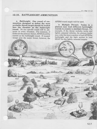c1, FM 1l 12
12-10. BATTLESIGHT AMMUNITION
d. Battlesight. One round of am-
munition designed to defeat the mo6t
probable threat target should be loaded
into the chamber as the battlesicht
round. No onespecificroundwill bp ade-
quate in every situation. For instance,if
tanksarctheprimarythreat,APDSshouldbe
carded as the battlesight round. If massed
troops posethe major thrcat, however,the
+r{a.i.qirtF.
APERSround might well be used.
b. Multiple Threats. Tarrks iD ^
platoon may load different battlesight
rounds to counter a multiple threat, For
example,if the threat includes tanks and
lightly armoredvehicles,the platoonleader
may orderhis heavysectionto loadAPDSfor
battlesight and his light section to load
HEAT for the lightly armoredtargets.
E*,
^ a.--
12-1
 