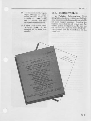 17-12
(d) The tank commander again
sights thmugh the range,
firrder, obtains a preciselay,
announces..oN THE
WAY," pauses, and fires
u-singthe override control.
Firing continues until
"CEASE FIRE" is an-
nounced by the t€nk com-
mander.
13-4. FIRING TABLES
a. Tebula.r fnformation. Tali,k
6ring tables give the crewimportant ballistic
data for eachiound ofammunition available
for th€ir weapon systems. Knowing the
ballistic characteristics of rounds and fire
confrol system configurations, the crew can
use the weapons syst€m mole effectively.
Firing tables can be requisitioned on DA
Form 125?.
13-5
 