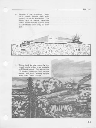 FM t7 12
* B€causeof low silhouette, Threat
tanks cannot depress theil main
guns as far as the M60-series.This
means that in certain situations
Threat tanks must be exposedmore
than US tanks rvhenfrring themain
gun.
* Threat tank tunets cannot be tls
versednearlyas faslo. as preciseli
as US tank tultets. This will enable
US tankers to engageflank targets
sooner, and track moving targets
betterthan Thrcat taDkers.
.'fl=
!.,--.i& a
2-9
 