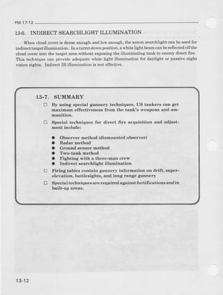 FM 17
13-6. INDIRECTSEARCHLIGHTILLUMINATION
Wh€n cloud cover is dense enough and low enough, the xenon searchlight can be usedfor
indi€cttargetillumination. In a turret-down position, a white light beam can bereflectedoff the
cloud cover into th€ target area without exposing the illuminating tank to enemv dtuect fire.
This technique can provide adequate white tight illunrination for daylight or passive night
vision siEhts. Indirect IR illunination is not effective-
13-7. SUMMARY
tr By using special glnnery techniques, US tankers can get
daximum effectiveness from the tank's weapons and am-
munition.
! Special techniques for direct fire acquioition and adiust-
ment include:
a Observer method (dismounted observer)
a Radar method
a Ground sensor rnethod
a Tvo-tank method
a Fighting v.ith a three-man crew
a Indirectsearchlightillumination
fl Firing tables contain g:unnery information on drift, super-
elevation, battlesights, and long range glnnery
! Specialtechniquesarerequfuedagainstfortificationsandin
built-up areas.
13-12
 