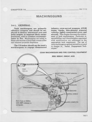 CHAPTE R 14 FM17 12
MACHINEGUNS
14-1. GENERAL
Tank machineguns are primarily
offensive weapons anal should be em-
ployed to destroy ulrarmored area and
point targets, to Buppresslikely enemy
position6, and to conaluct reconnais-
sance by frre, Machineg:uns are suit€d to
theserolesbecauseoftheihighvolume offlrc
and inherent projectile dispersion.
The US tanker should u-sethe tank's
machineguns to engage dismounted
idfantry, crew-served weapon6, ATGM
teams, trucks, thin-skinned armored
vehicles, lightly conatructed cover, and
aircrafh. This chapterdiscussestheemploy-
ment of tank machineguns. Particular te-
sponsibilities and characteristics assocrated
with stabilization are addressedin the
appropdate tank supplement. The use of
tank machinegtnsagainstaircraftis covered
in chapt€r 16, "Aerial Engagement Tech-
niques."
M50/ M60A1/M60A1AOS
COAX MACHINEGUNANO FIRECONTROLEOUIPMENT
NITYSIGHI IN
SCOPE
../
.
RANGEFINDEF
SwlTCHES
L HANDLE
ZeroCoaxat 800m
with HEPindexedin
computer.
COMPUTER
14-1
 