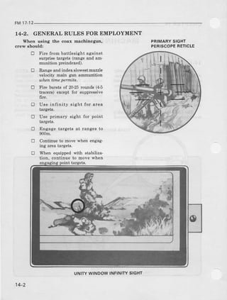 FM17-12
14-2. GENERAL RULES FOR EMPLOYMENT
When using the coax machinegun, PRIMARY SIGHT
PERISCOPERETICLEcrew should:
E Fire from battlesight against
surprise targets (range and am-
munition preindexed).
I Rangeald indexslowestmuzz]e
velociry main gur ammuritioD
whentine permits.
E FiIe bursts of 20-25rounds (4-5
tracers) except for suppressive
flre.
tr Use infinity sight for area
targeis,
E Use primary sight for point
targets.
E Engage targets at ranges to
900m.
E Continue to move when engag'
rng areaiargeIa.
E When equipped with stabiliza-
tion, continue to move when
engagingpoint targets.
14-2
UNIry WINDOWINFINITYSIGHT
 