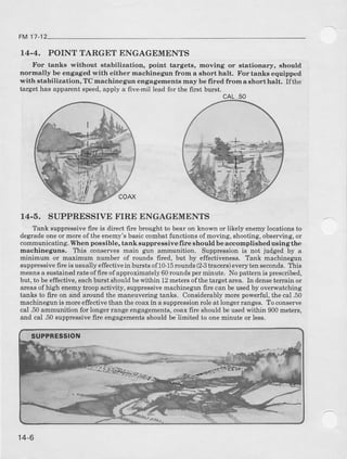 FM11-12
14-4. POINT TARGET ENGAGEMENTS
For tanks without stabilization, point targets, moving or €tationar.y, should
normally be engaged with either machinegun from a short halt. For'tanks equipped
with stabilization, TC machinegun engagements may be fired fromashorthalt. Ifthe
targethas apparentspeed,apply a fivemil leadfor the first burst.
14-5. SUPPRESSIVEFIRE ENGAGEMENTS
Tank suppressivefire is diiect firc broughtto bearon known or likely enemylocationsto
degradeoneor moreofthe enemy'sbasiccombatfunctionsof moving,shooting,observing,or
communicating.When possible, tank suppressive fire should be accomplishedusingthe
machineguns. This mnserves main gun ammunition. Suppressionis not judged by a
minimum or maximum number of rounds fired, but by effectiveness.TaJlk rnachinegun
suppressivefire is usuallyeffectiveinburstsof10-15rounds(2-3tracers)everytenseconds.This
m€ansa sustainedrateof fire ofapproximately60roundsperminute. No patternis prescribed,
but,to beeffective,eachburstshouldbewithin 12mete$ ofthe targetarca. In densetenain or
areasof high enemytroopactivity, suppressivemachinegunfire canbeusedby overwatching
tanks to fire on and aroundthe maneuveringtanks. Considerablymorepowerful,the cal .50
machinegunis moreeffectivethan thecoa-{in a suppressionml€ at longerranges. To conserve
cal .50ammunitionfor longerrangeengagem€nts,coaxfire shouldbeusedwithin 900meters,
and cal .50suppressiveflre engagementsshouldbe limited to oneminute or less.
cAL.50
14-6
 