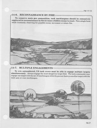 FM17-12
14-6. RECONNAISSANCE BY FIRE
To conaerve main gun ammunition, tank machineguns should be extensively
employed in recomaissance by fire to cause a hidden enemy to react. File asingle burst
while constantly observing for possible enemy movement or retum fire.
I4-7. NIULTIPLE ENGAGEMENTS
To win outnumbered, US tank crew6 must be able to engage multiple targets
aidrultaneously. Always engagethe mostdangeroustargetfirst. Thetank con)mandermav
engageonetarget with the cal .50machinegun while the gunner destroysanothertarget with tbe
main gur or coax machinegun.
14-7
 
