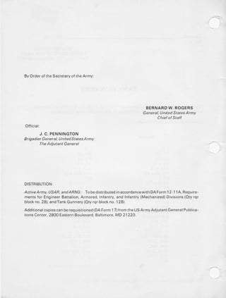 8yOrderottheSecretaryoftheArmy:
BERNARDW. ROGERS
Genetal, United StatesAmy
. Chiefofstafl
Official:
J. C, PENNINGTON
BI iqadieI GeneI aI, United StatesAmy
TheAdjutant General
DISTRIEUTION:
ActiveAmy, USAR,and,4Rlyc- TobedistributedinaccordancewithDAForml 2-l 1A,Require-
mentsfor EngineerBattalion,Armored,Infantry,and Infantry(Mechanized)Divisions{Otyrqr
blockno.28);andTankGunnery(Otyrqrblockno.128).
Additionalcopiescanberequisitioned(DAForm17)lromtheUSArmyAdjutantGeneralPublica-
tionsCenter,2800EasternBoulevard,Baltimorc,MD2122O.
 