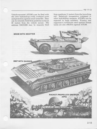 FM17.12
Vehicle-mounted ATGM's can be fiied with
the crew buttoned-up-with overhead cov€r
and protection against small arms fire- ltrey
can be remol€ly flred fTomposiuons as far as
80 meters ftom the vehicle mount. The
suitcas€ SAGGER may be remotely fired
BRDMWITH SWATTER
BMP WITH SAGGE
from positions15metersfrornthe launchtng
rail. R€latively inexpensive comparcd to
other tank'killing weapons,ATGM'Scan be
expectedin large numbets. Evasive and
suppressivetechniquesusedagainstThreat
tanks arc also effective aeainst ATGM.
le;:.:!'i
'
-"=:'" "ii';'tii e"t"i*=;
2-13
 