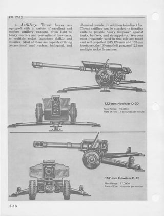 FM17 12
c. Artillery. Threat lorces are
equipped with a vadety of excellent and
modem arlillery weapons, ftom light to
healX/ mortars and conventional howitzers,
to multiple rocket launchers (MRL) and
missiles. Most of these are capable of firing
conventional and nuclear, biological, and
chemi.a- rcunds. ln addiiion ro indireet6rc,
Threat artillery car be attached to frontline
units to piovide heavy firepower against
tanks, bunkers, and strongpoints. Weapons
most lrequently used in this role are towed
and self'propelled (SP) 122-mm and 152-mm
howitzers, the 130-mmfield gun, and 122-mm
multiple rocket launchers.
122-mm HowitzerD-3O
Max Range 15,30Om
Fale ol Fire: 7.8 roundsper mrnute
152-mmHowitzerD-20
Max Ranqe: 17,@Om
Rateo, Fire: 4 rounds per minub
2-16
 