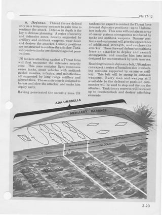 FM17.12
- b. Defeaoe. Threat forces alelend
omy.asa temporarymeasureto gain time to
contlnur the attack. Defenseijl depthis the
Keyro d^etenseptanning. A seriesofsecurity
ano,,delenalvezones,heavily supportedby
arnnery and antitank weapons.weardown
anq destroythe attacker,Durnmyposiiions
are conshucted toconfusethe attacker. Tank-
ied countemttacks are directed against peae-
Etanons.
US.lankersattackingagainsta Thleat lorce
wrlr l1r€1encounl€r the defeDsivespc/riry
zone. This zone conlains light recoDnais.
sa:f.taqkst. scoutvehicleswith antimnk
g!rded rrxsartea.irfanuy, and minefields_
aI supported by long range aruillerv ard
aircraftfires..The-security zoneisdesigDedto
oarassanctstowthe attacker,and male him
oeptoyearlv.
Having penetrated the security zode US
taDkerscan expectto contactthe Threat folce
forward defensiuepositions up to 5 kilome
ters in depth. lhis arca will coltain an arIav
of enemyplatoonstrongpointsreinforcedbv
tank6 and antitanl weapons.Dumry posi-
trons€ndequipmeDtwill givetheappearance
ol additional sLrength,aod confuselhe
attscker. The6eforward defensivepositions
lorce En attacker Lodeploy and assault
strongpoints, and canalize him into areas
designedfor counterattackby tank reservea.
Bc.achirg+hemaind.efensiue6ert,UStankers
can expecta seriesofbattalion-Bize interlock-
lng positions supported by extensive artil-
lery. This belt will be strong in antitank
weapons. Every man and weaDonstill
available to the defensivepositior com-
manderwill be usedto stop and destmythe
attacker. Tank-heavy reserveswill be called
up to crounterattack and destroy attacking
eremeits.
ADAUMPBELIA
: :
:
 