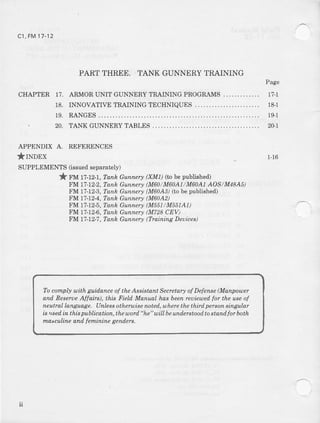 c1, FM17-',t2
PART THREE. TANK GUNNERY TRAINING
CHAPTER 1?. ARMOR IJNIT GUNNERY TRAIMNG PROGR.A.MS
18. INNOVATIW TRAININGTECHNIOUES
19. RANGES
Page
18-1
:. 19,1
20. TANK GUNNERYTABLES
APPENDD( A. REFERENCES
*rNonx
SUPPLEMENTS (issuedseparately)
* Fut tl-tzl, ranh Gunnery (XMI) (tn be vtblis]ned)
FM 17-12-2,Tank Guntuery(M60/M6041/M60AI AOS/M48A5)
FM 17-12-3,Tank Gunnery(M60A3,(tobe published)
FM 17-12-4,Tank Gunnery(M60A2)
Fa417-12-5,Tank Gunnery(M551/M551A1)
FM 17-12-6,Tanh Gunnery(M728CEV)
FM 17-12-7,Tank Gunnery(TraininEDeuices)
Tocomply with guido,nceof the Assists,ntSecretatyof Defense(Manpower
atud.ReserueAffairs), this Field Ma.nuaLhas beenreuiewed.for the useof
neutral languaga Unlessotheruise noted.,uhere the third person singular
is used.in thispublieation,theword"he"wiLlbeunderstoodtostand,for both
matcuLineantl femininegenders.
2Ul
1-16
u
 