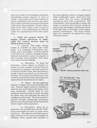 FM 17 12
thereis no wateror oilinpadding, andensure
microphones mount prcperly in front of
mouth. Checkradiosand radio mountsfor
properinstallation and needfor spot paint'
ing,andthatintelnally mountedcoolingfans
rotatefteelywhenactivated.Finally,makea
radio checkwith a radio locatedat least 10
milesaway. If any deficienciesaredetected,
notify th€ oryanizational field radio repair-
c. Night fire control chechs. To
engage targets effectively at night,
night fire control devices must be
checked prior to use.
I) lnlryrPd. Thrs nighl wiewing
system is install€d on most main battle
tanks. It is composedof binocula$, peri
scopes,and a searchlight. It will bereplaced
in the future by a passive/starlightsystem.
Infrared instruments cannot be exposedto
direct sunlight when energized.Suchexpo-
surecausesinternal damage.
(a) Binoculars. To check the
binoculars,ensurehatlery is properlyin-
stailedin powerchamberand that electrical
connectorsareproperlyconnectedand have
no frayedor brokenwires.Alsocheckthatno
cracksor dentsaie presenton the binocular
housing. Ifyou detectany deficienciesor are
unabletofocusthebinoculars,tum themin to
organizationalmaintenancefor repail
(b) Slgifs. Ali optic sights are
delicate in design ard must be handled with
care. Infrared sights should be installed or
removedonly underdirectsupervisionofthe
tank commander. Checks made by crew
membersincludeluming onpower,focusing
the green ring, and repeating the steps for
emergencypowermode. Thetank operator's
manual provides stepby-step procedures.
Ensureyourinfraredsightchecksincludethe
driver'snight vision equipment.
t. SPaffhlight. Since its in.
troductionwith theM60tank,theAN/VSS 1
xenonsearchlighthas beenournightvision
work-home.Theinfraredandwhitebearnsof
light producedby the xenonsearchlightare
sufficient, when coupledwith capability of
th€ tank sighting system, to engage targets
within battlesight range. Each tank clew
must ensure that the xenon searchlight
mounted on th€ir tank is operational. The
.v'lrlnerabilityofthe searchlightto enemy fire
makes it essential that frequent checks be
made ofthe searchlight's operational status.
If the light fails to illuminate, noti{y organr-
zational maintenance. The xenon search-
light will eventually be replaced by a more
advanced system,
POWER
CHAMBER
ELECTRICAL
coNNqcToRs
NOTE: Remove battery after use.
47
 