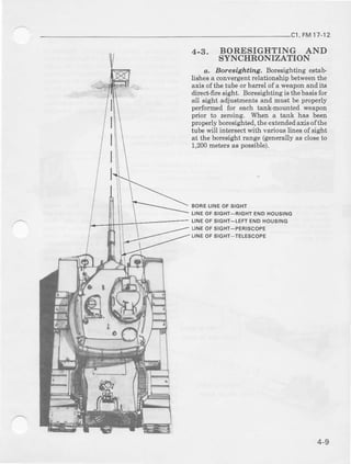 cl, FMt 7-12
4-A. BORESIGIITING AND
SYNCTIRONIZATION
a, Boreeighting, Boresighting estab-
lishes a convergent relationship betweenthe
axis of the tube or banel of a weaponand its
direct-fire sight. Boreeighting is thebaeiefor
all sight adjustments and must be pmperly
performed for each tank-mounted weapon
prior to zercing. When a tank has been
prcperb bolesight€d, the extendedaris ofthe
tube will intelsect with variouo lines of sight
at the bo&sight lange (generally as closeto
1,200metersaBpossible).
BORELINEOFSIGHT
LINEOFSIGHT-FIoHTENOHOUSING
LINEOFSIGTIT-LEFIENOHOUSING
LIN€OF SIGHT-PEFISCOPE
IINE OF SIGHI_TELESCOPE
4-9
 