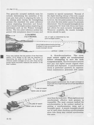 c1,FM17-12
T$o generally accepted methods exist for
initially determining the cent€rline of the
main gun bore prior to aligrring the tube on
the aiming point duing the boresighting
plocess-the standard two point rcfercnce
system employing binocula$ and thread,
and a muzzleboresight systememploying an
instrument such as the Wataon borcsight
device. The two point referencesystem has
gained wide acceptancesince it is easy and
3 CAI-IBERS
(r2.4INCHESI
requiresno specialequipment. Becauseof
the slight bending (droop)of the tube caused
by unevenheat distribution within the metal,
however,theiwo point systemcanbeinaccu-
rate since the tlue centercannot be precisely
determined. Useof amuzzleboresight devrce
compensatesfor most tub€ ilroop and there-
forc allows for morc accurate bolesighting.
Whenever available, the muzzle bolesight
deviceshould be used.
lin. oa sishr as detemined
tine ol siOht.!der.rminod bythefinal
3 calibers ot tub€ {.ccoonted torwith
muz2l6 bor6.i9hl d€vice).
Fnins tesis indiclt. th.t rho po.irion ol the linrl lhreo
@libers 112,4 incho.) of the tlbe are imponant in
dot€minins th. itriko of the rcund. Th6 rwo poinr
r€lorence sy.tom N.rlgss our any tube droop bll the
mu2zle devic6 .ccuralelv m6ar!rcs the Dosition or lho
LINE OF SIGN]
BOREIINEOFSIGHT
LINEOF SIGHT
APPBOX
'I,2OOM
b. Syrrchronization. The crew
muat ensure sightB are synchronized
before ettempting to zero the tadk
weaponssystem. S)'nchronizationensures
that gun arrd sight.s rcmain sligned when
elevated and depressed. A sJmchronization
check is performed quarterly by organiza-
tiodal mairtenance personnel with assist-
Whan prcperly synchronized. lanool light convorg$ d
targ€twith linool sishtlhrough bo.6 oliube rlg3rdl€$ ol
anceftom the tank clew. Whensight€ arenot
synchronized. effective tank gunnery is
impossible.The most common method for
s,'nchmnization is the outdoor method re-
quiring a synchronization ramp and a
boresightpanel. A muzzleboreeightshould
not be usedwhen checking oynchronization
eince tube droop may con@al synchrcniza-
tron error.
4-10
BOBE LINEOF SIGHT
 