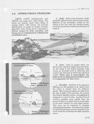 c, FM1/.12
4.5. OTHER FIRING PROBLEMS
DRIFT. CANT. PARALLAX, snd
DROOP can causeerror when firing. The
errora ale usually small when frring at
targets within 1,200metem, but increase
significantly as rangesto targetsincrease,
especiallywhen firing slower arnmunition.
Errors caused by drift, parallax, and
droop can be minimized by refining the
established zero.
Corrgcted Sight Picture For
Srnall Amount O{ Cant
a. Drift. Dift is the deviation of the
projectiledght from theverticalplaneoffire.
Rotation of the projectiles,causedby the
dfling of the bore and the rotating bands,
forcesthe projectiiesto drift in the direction of
rotation.
-'!r
Range:
b, Cdnt. Cant is causedwhen one
track of the vehicle is higher than the othei.
As the range to the target increases,csnt
causesar increasederlor to deflectionand
.-angein the alirectionin which the vehicle is
canted. mren cant is unavoidable, the
sight pictures illuEtrated should be used
to compensate for this error.
c. Parallajc. Parallax is the apparert
differencein the position of an objectwhen
the object is viewed from two different
points. Sincetank gun sightsareoffset{Tom
the line of sight of the gtntube, the system
hasbuilt.inparallaxerrors-boresightingis
designedto correctfor this. Alother form of
common parallax error results from the
gunner failing to position his eyeto the sight
in the samemanner for eachsight picturc.
This error can be conected by properly
adjustingtheheadrest.Parallaxerrorwithin
an opticalinstrumentcanbecorrectedbyth€
tunet mechanicadjustingthe sight parailax
VERTICALPLANEOFFINT
 