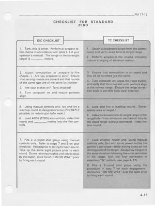 FM17-12
CHECKLIST FOR STANDARD
ZERO
1. Tank,thisis tower. Perfo.mallprepare-to-
Iire checksin accordancewithtable2-1o{your
operator's|nanual.Therangetothe boresight
target|s_ met€rs.
2. lUpon completion of ptepate-to-lire
checks-) Arc you preparedto zero? Ensure
that zeroingrouhdsareaboardandthatrounds
of the sametypeareof thesamelot number,
3. Areyourbrakeson? Tankchocked?
4. Turn computaron and ensure pointers
align.
5. Usingmanualcontrolsonly,layandfirea
warmup roundatldesr?ratedarea)-lFirc HEP,if
possible.to reducegun tube weaL)
6. LoadAPDS(TPDS)ammunition,indexthal
aoundand- metersintothe tire con-
lrols.
7. Fire a 3-roundshot groupusing manrial
controlsonly. Referto steps7 andI on your
checklist.Reloadpriortolayingloreachround.
Takeup the samesight picturepriorto each
round.Dorotreteryoursightsuntiltoldtodoso
bythetower. civ€ mean"ONTHEWAY,"prior
lo firingeachround.
4-15
 