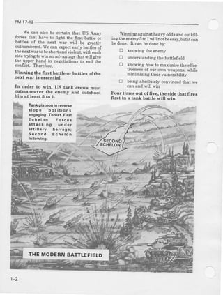 FM 17-12
We can aleo be certain that US Armv
forcesthat have to 6ght the first battle oi
battles of the Dext war will be Feady
ortnumbered.Wecan expeo early battlesof
tbenextwa! tobeshortand violeDt,with each
sidetrying L wir_an advantage thar will give
lDe upper hand tn hegotiahonsto end the
conflict. Therefoie,
WiDning the filst battle or batfles ofthe
neit war ia easential.
In order to win, US tank crews must
outtnaneuver tbe eneby and outghoot
him at least 6 to l.
Winning agabst heavy oddsand outkill-
ing theeneby 5to I will not beeasy,butit can
be done. It can bedonebv:
tr knowing the enei
E understaDding tie battlefield
El knowing how to ioaximize the effec-
tiveness of our o*n weapon6,while
einimizing their I'ulnelability
E being absolut€ly convinced that we
can alrd will win
Four time€ out offrve, the side that fireg
6rst in a tank battle x'ill qrid.
th
rflg
Tankplatooninroverso
slope positions
engagingThEat First
Echelon Fo.ce3
attacking undsr
artillery bar16ge;
S eco nd Echelon
tollowing.
7'.i
THE MODERITIBATTLEFIELD
 