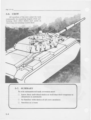 FM 17-12
5-6. CREW
All memb€rsof the clew assistthe tank
commanderin acquiing targets while per-
{orming their other duties and assist in
obsewingand sensingrounds6red.
5-7. SUMMARY
To win outnumberedtank crewmenmust:
tr know their individual duties so well that their respons€to
situations is automatic
E befamilier with duties of all crew members
D function as a fe@m
5-4
 