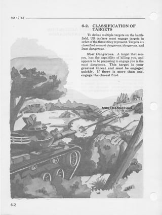 FM17-12
6-2. CI"ASSIFICATIONOF
TARGETS
To defeat multiple targets on the battle-
freld, US tankers lDust engage targets in
order of the threat theyrepresent. Targetsate
c)aaaifredasnast danEerous,dangerous, and,
least dangemua.
Moat Dangeroua, A target that sees
you, has the capability of kiJling you, arld
appea$ to be preparing to engageyou is the
tnost dangerou& Tlds taiget is your
greatest threat and muat be engaged
quickly, If there is more than one,
engage the closest first.
6-2
 